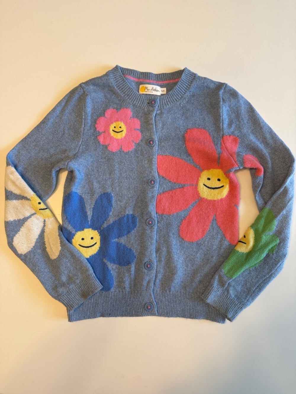 Mini Boden Blue Button-Front Cardigan with Pink & Yellow Flower Motifs Sz 9-10